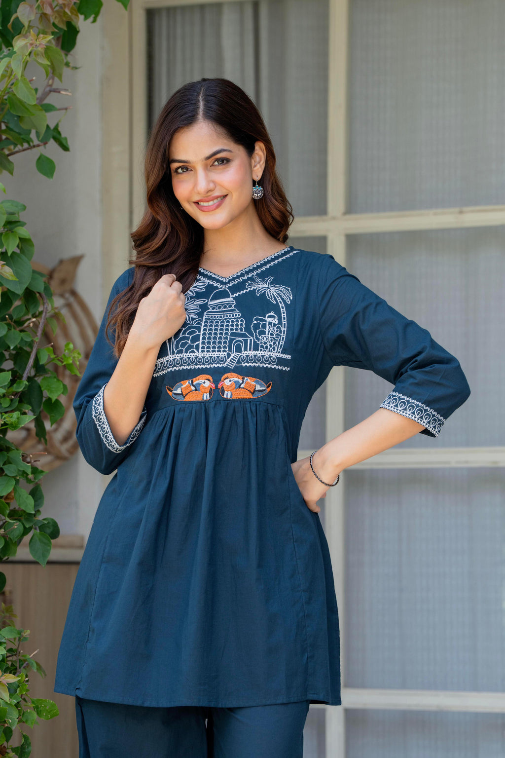 Blue Stone Embroidered Cotton Co-Ord Set