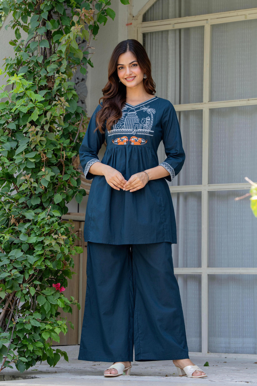 Blue Stone Embroidered Cotton Co-Ord Set