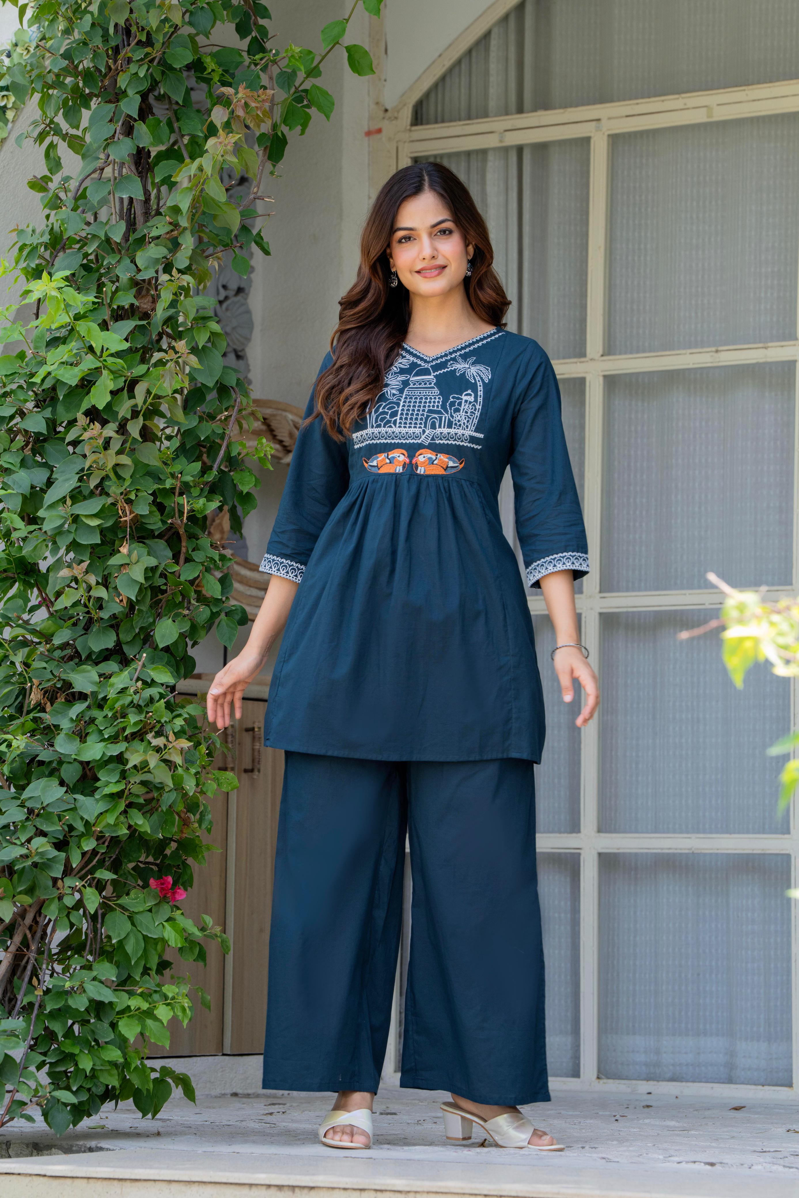 Blue Stone Embroidered Cotton Co-Ord Set