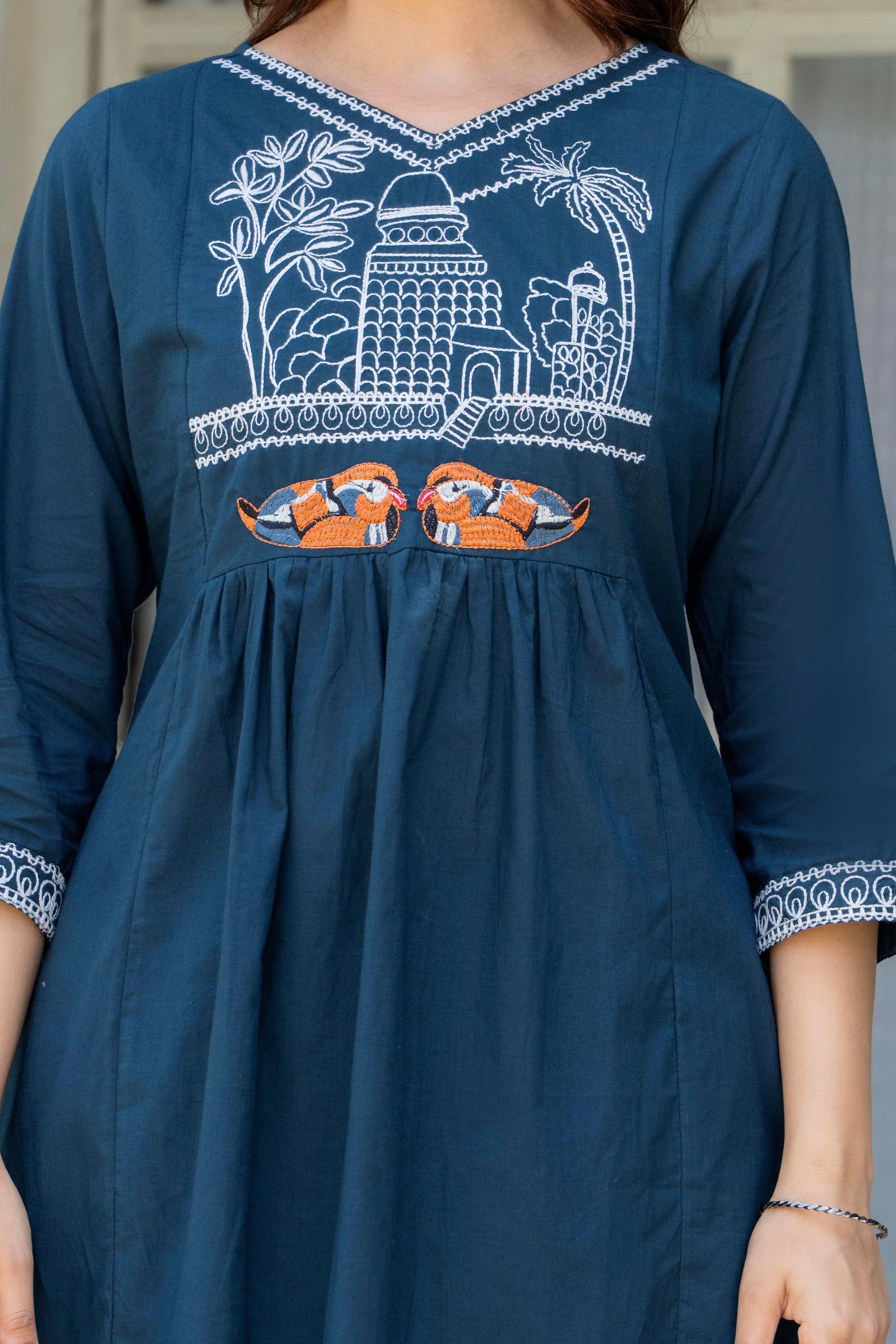 Blue Stone Embroidered Cotton Co-Ord Set