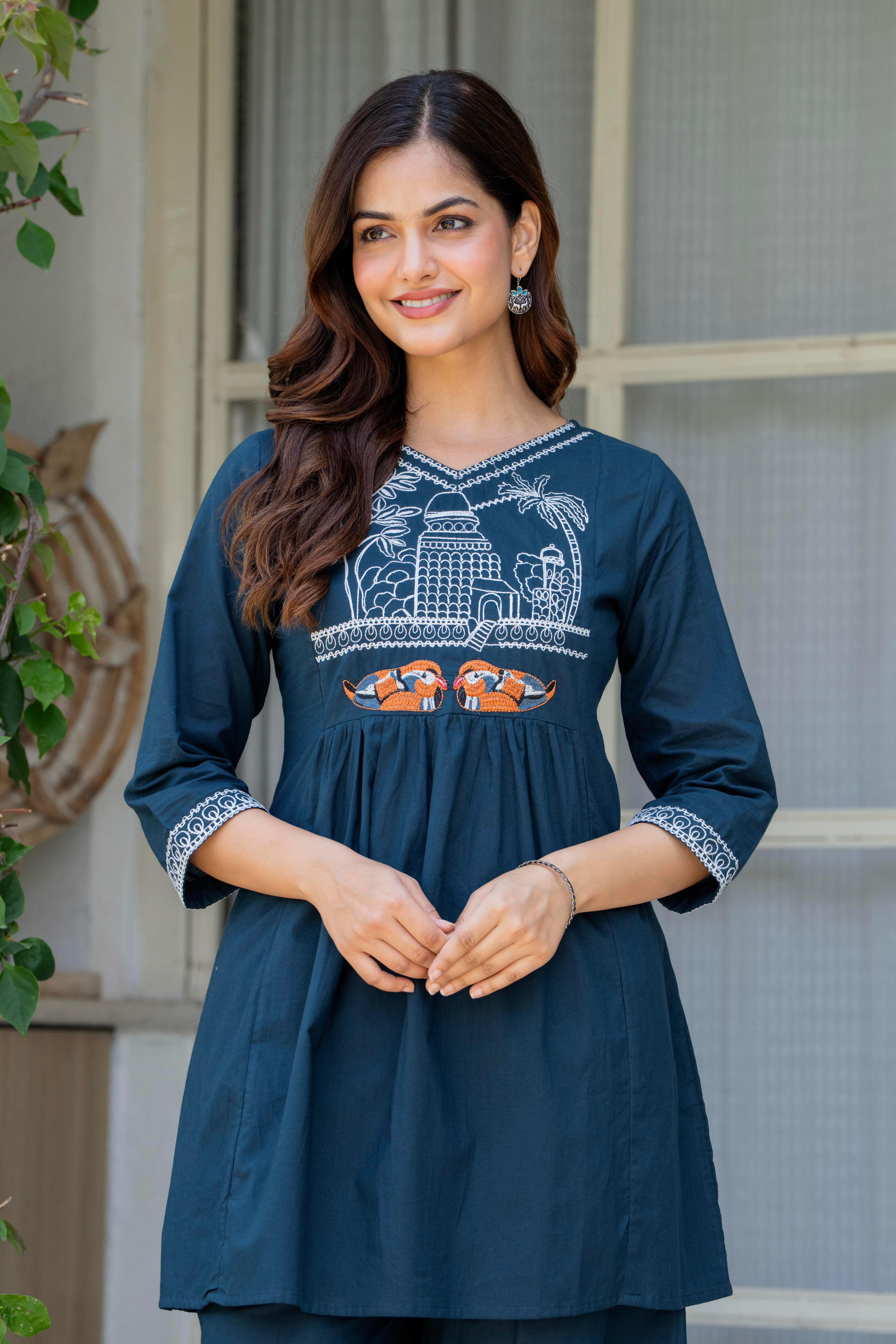 Blue Stone Embroidered Cotton Co-Ord Set