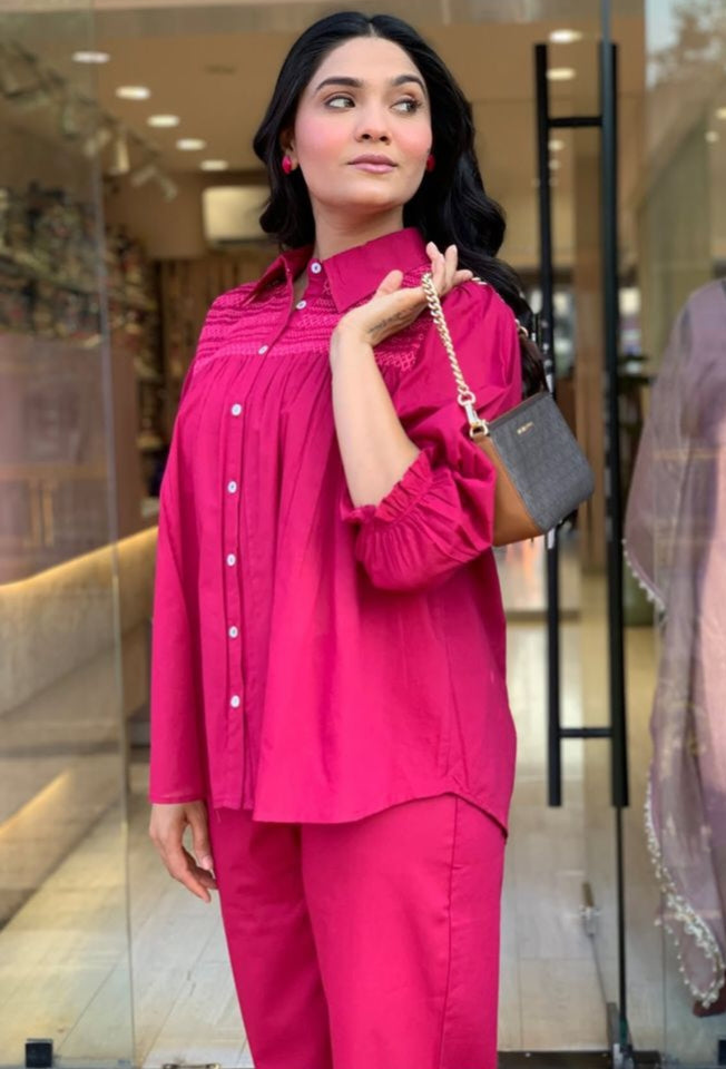 Pink Embroidered Cotton Co-Ord Set
