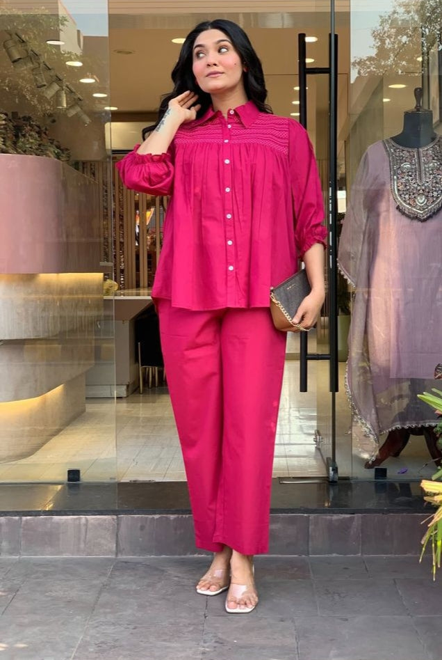 Pink Embroidered Cotton Co-Ord Set