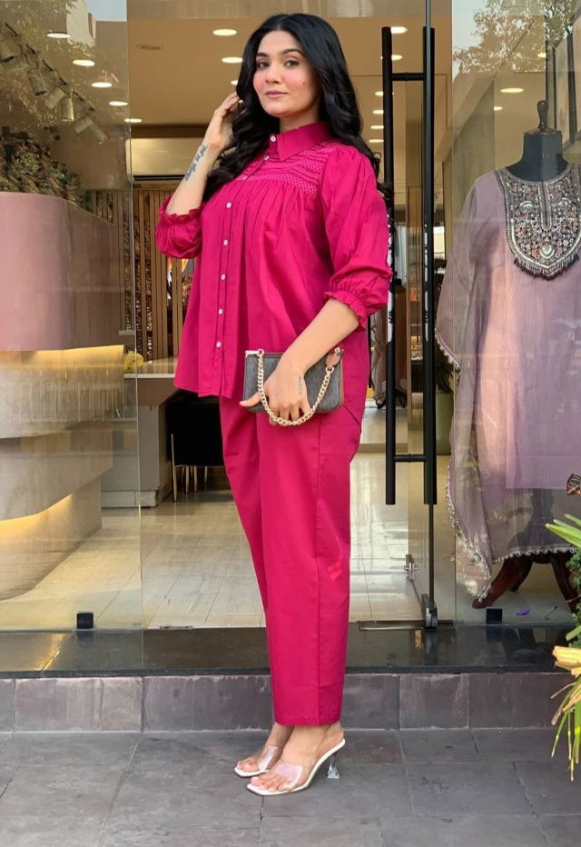 Pink Embroidered Cotton Co-Ord Set