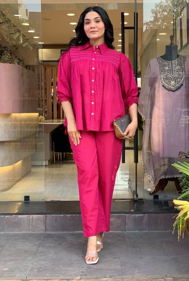 Pink Embroidered Cotton Co-Ord Set