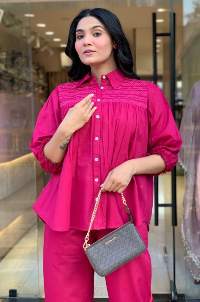 Pink Embroidered Cotton Co-Ord Set