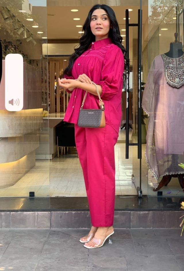 Pink Embroidered Cotton Co-Ord Set