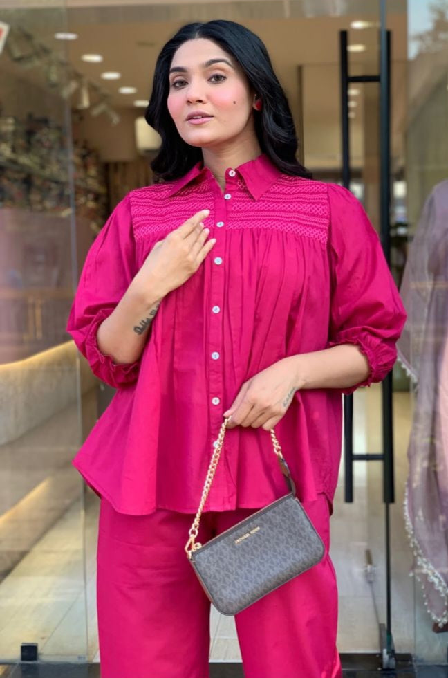 Pink Embroidered Cotton Co-Ord Set