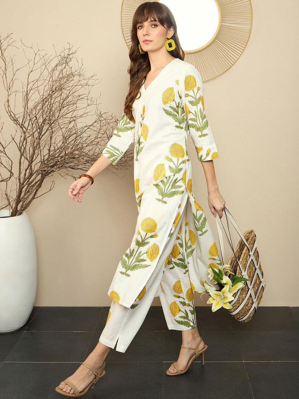 Off White Printed Cotton Flex Co-Ord Set