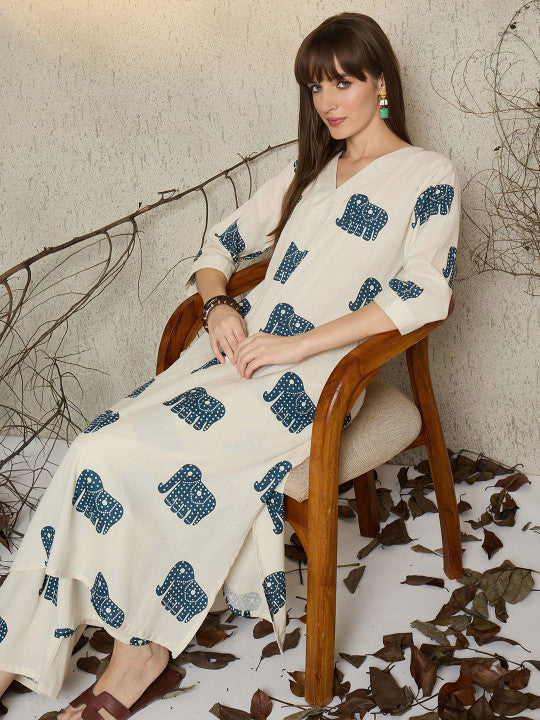 Off White Printed Cotton Flex Co-Ord Set