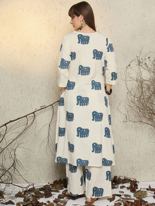 Off White Printed Cotton Flex Co-Ord Set