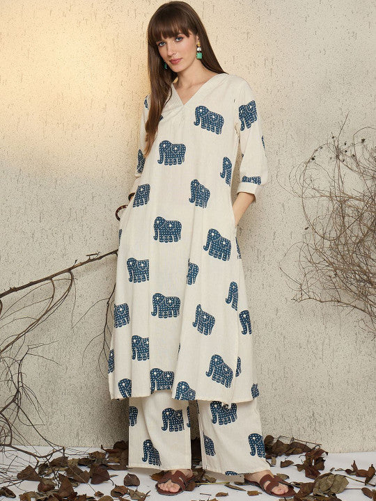 Off White Printed Cotton Flex Co-Ord Set