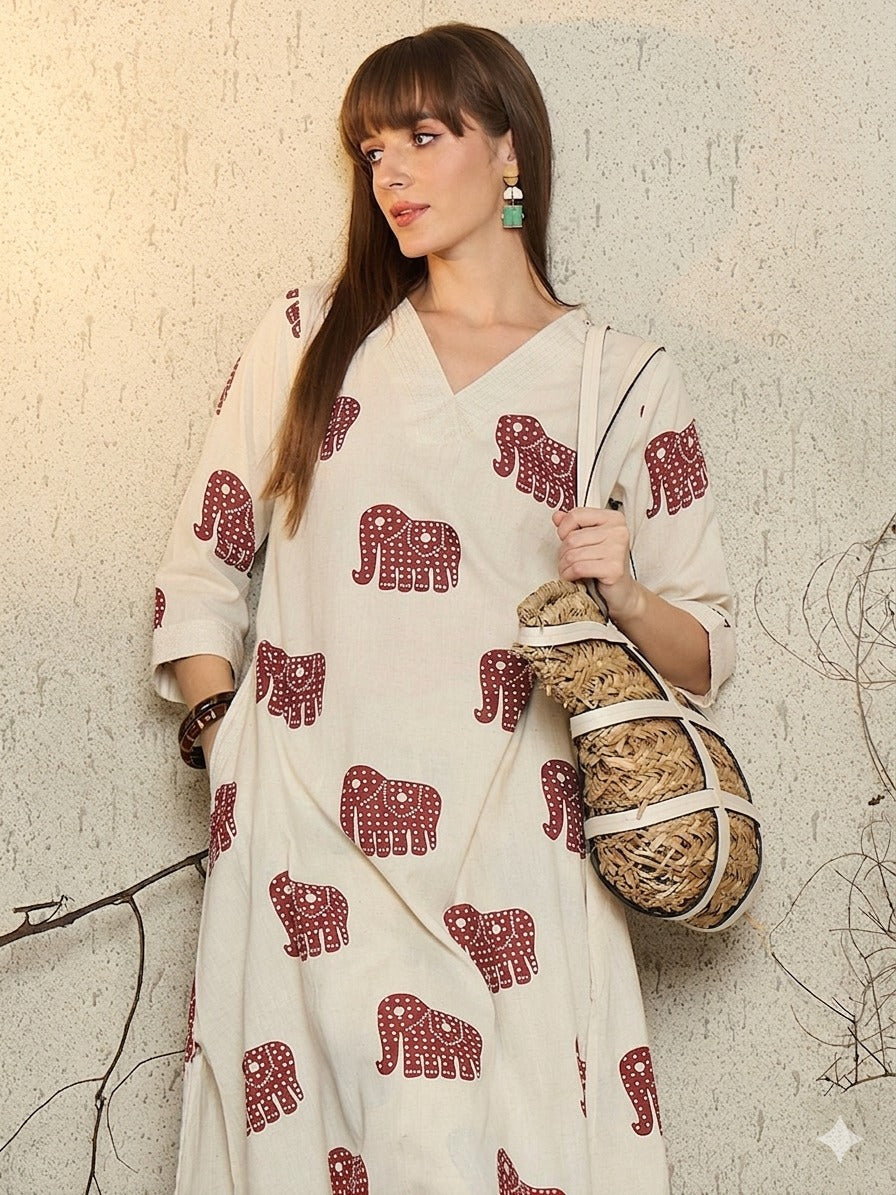 Off White Printed Cotton Flex Co-Ord Set