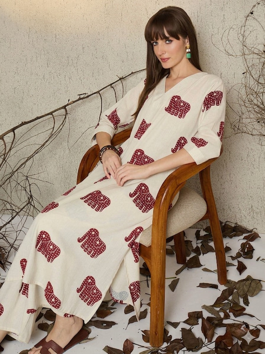 Off White Printed Cotton Flex Co-Ord Set