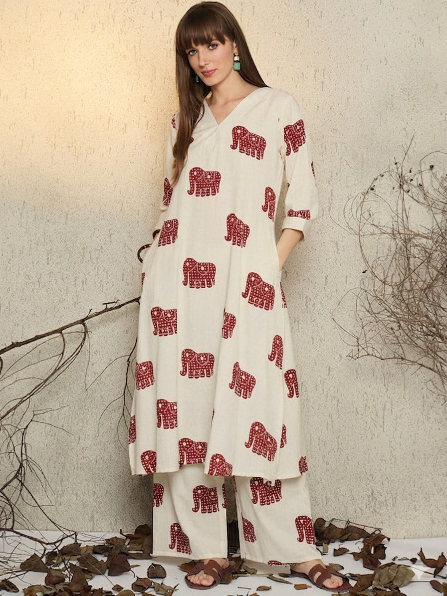 Off White Printed Cotton Flex Co-Ord Set