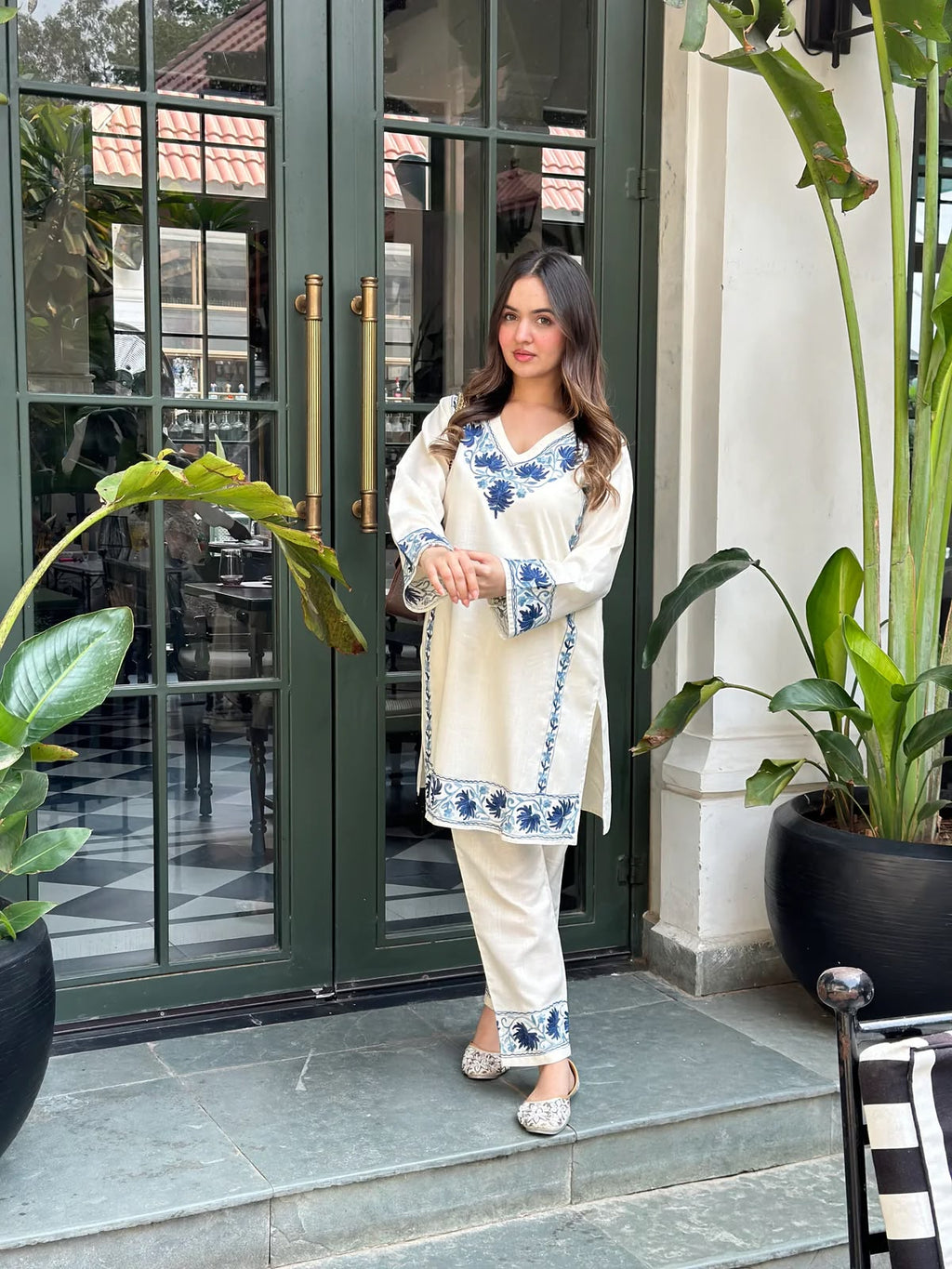 Off White Embroidered Cotton Flex Co-Ord Set