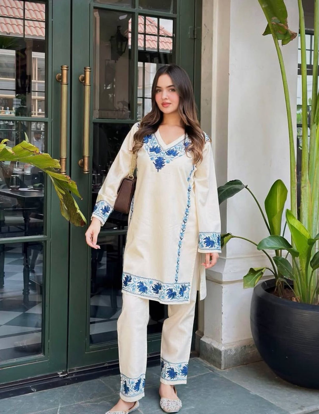 Off White Embroidered Cotton Flex Co-Ord Set