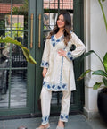 Off White Embroidered Cotton Flex Co-Ord Set