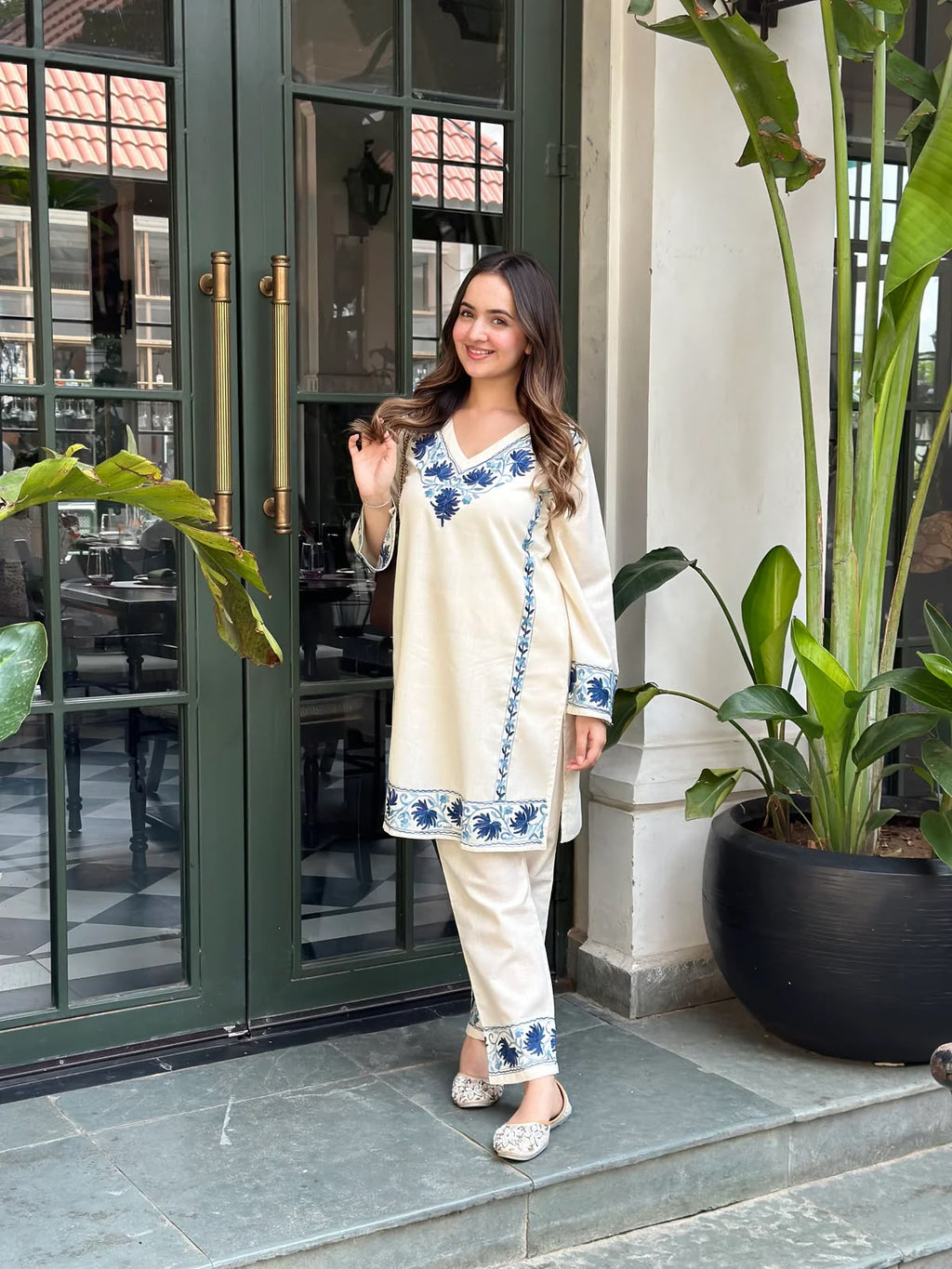 Off White Embroidered Cotton Flex Co-Ord Set