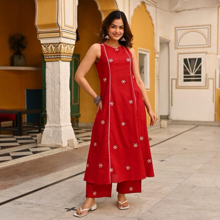 Red Embroidered Cotton Co-Ord Set